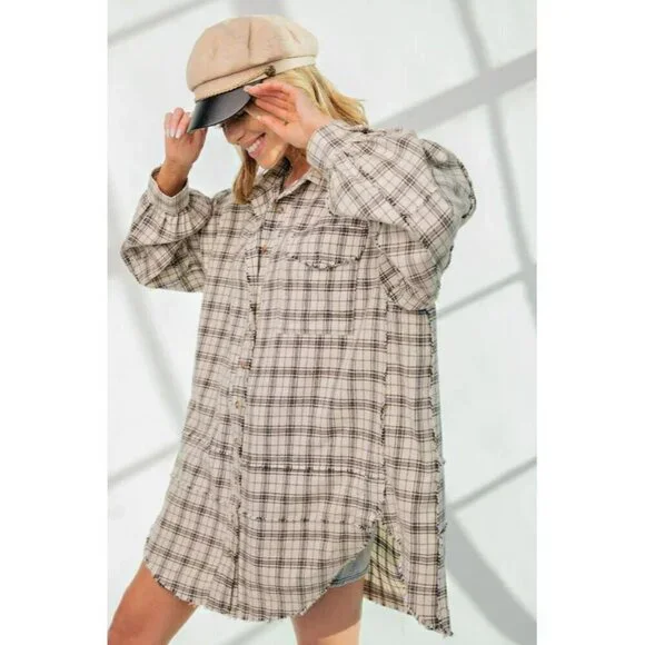 The Perfect Plaid Oversized Mineral Washed Shirt in Natural - Picture 5 of 5